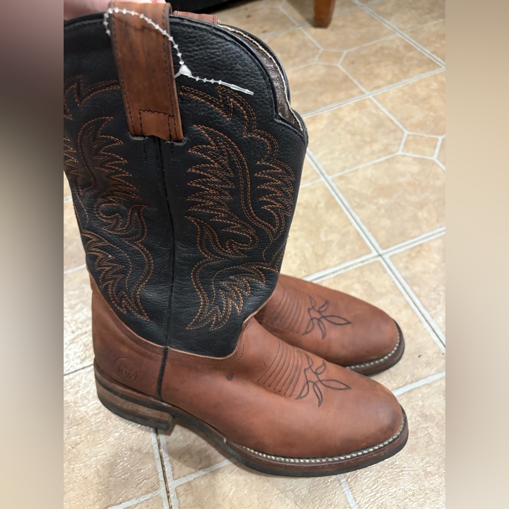Black and Brown Western Cowboy Boots with Intricate Stitching